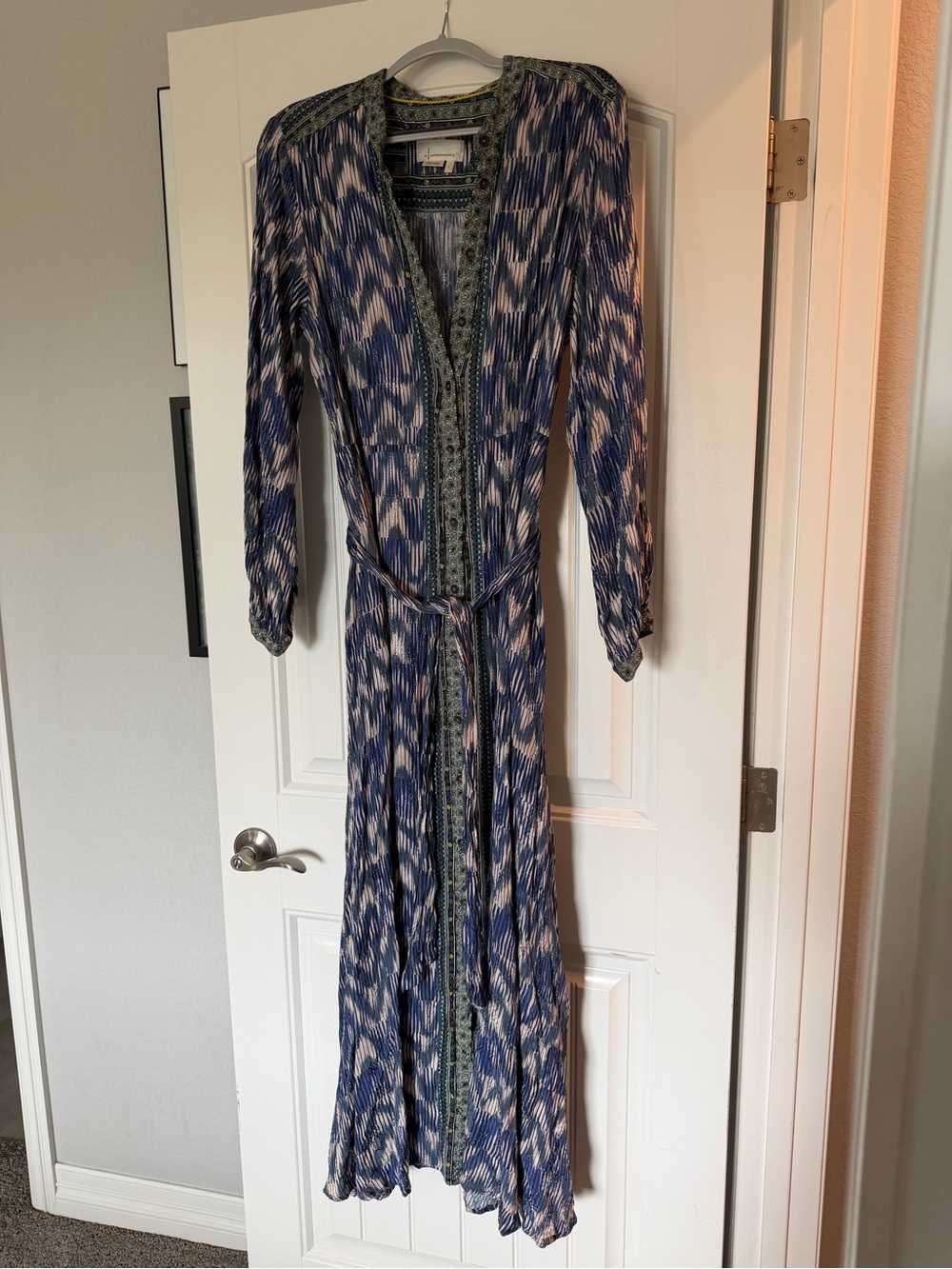 Anthropologie Navy and Cream Printed Maxi Dress with Olive Trim